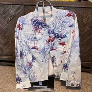 NWT Chico's Bon Voyage Sateen Jacket, Blue and pink with flamingo floral print.
